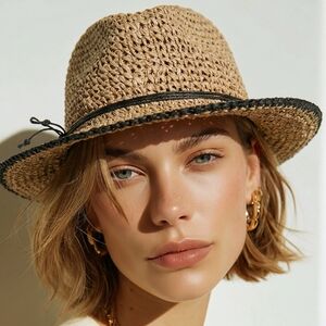 Scala Gal Straw Hat Short Brim with Brown Edging Design Packable Foldable